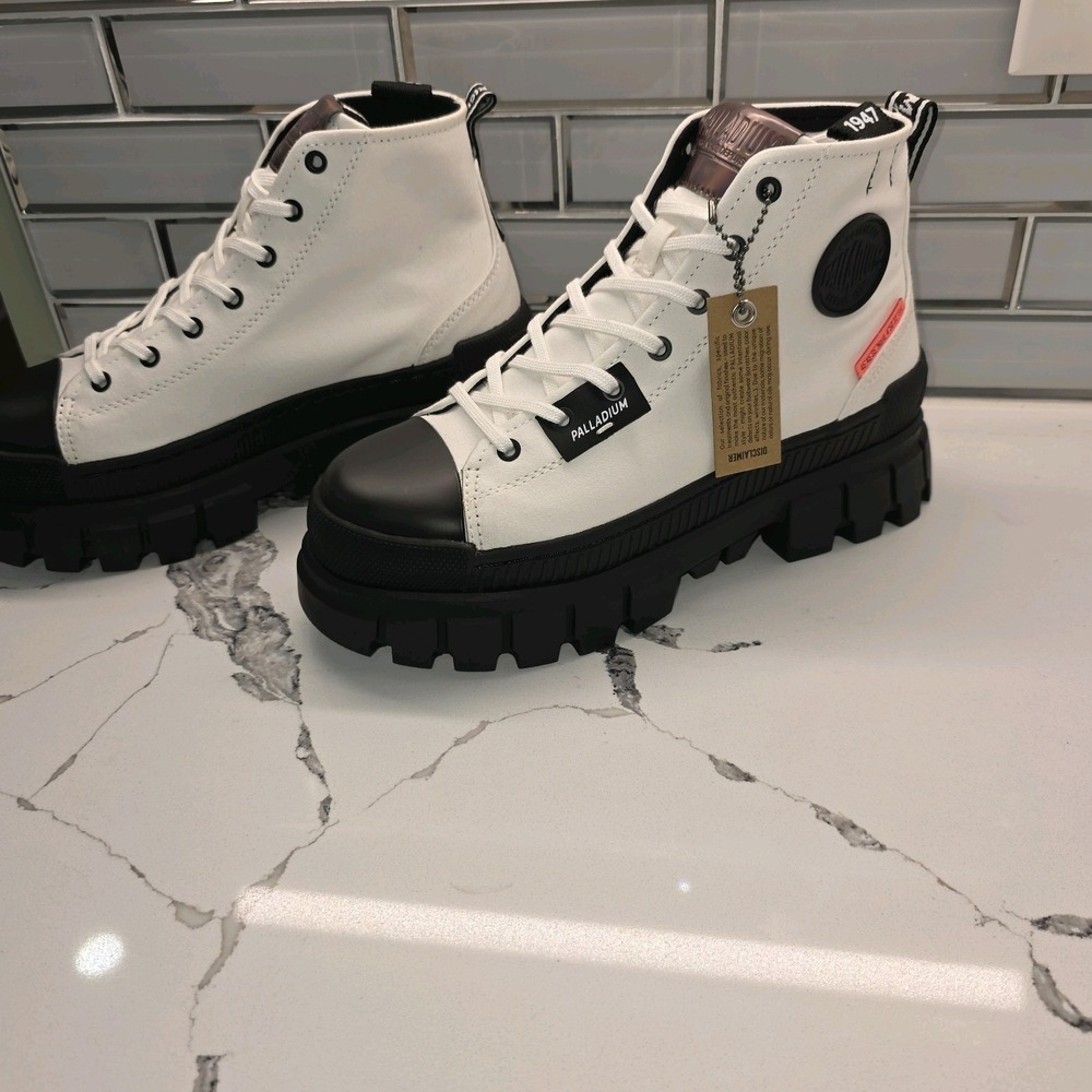 Palladium White and Black Lug Sole Heeled Boots